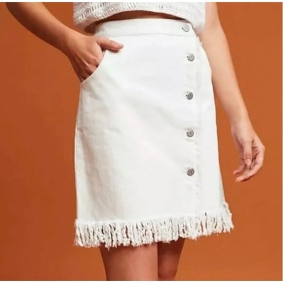 White Button-Front Frayed Hem Denim Mini Skirt By Anthropologie Minimalist S - Picture 2 of 8